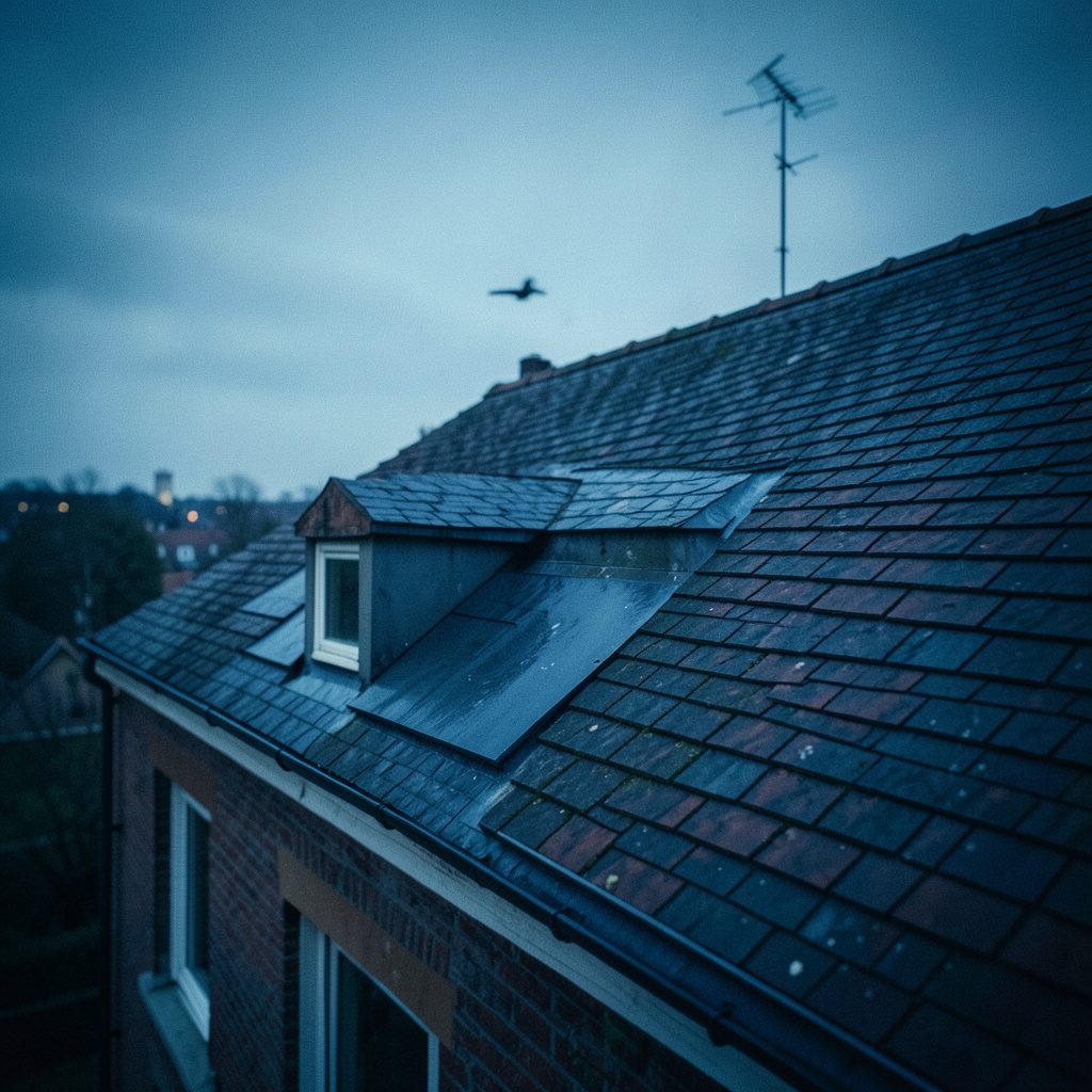 Vue rapprochée d'une toiture en ardoise en cours de rénovation, tons gris-bleu et brun chaud, ciel doux en arrière-plan.