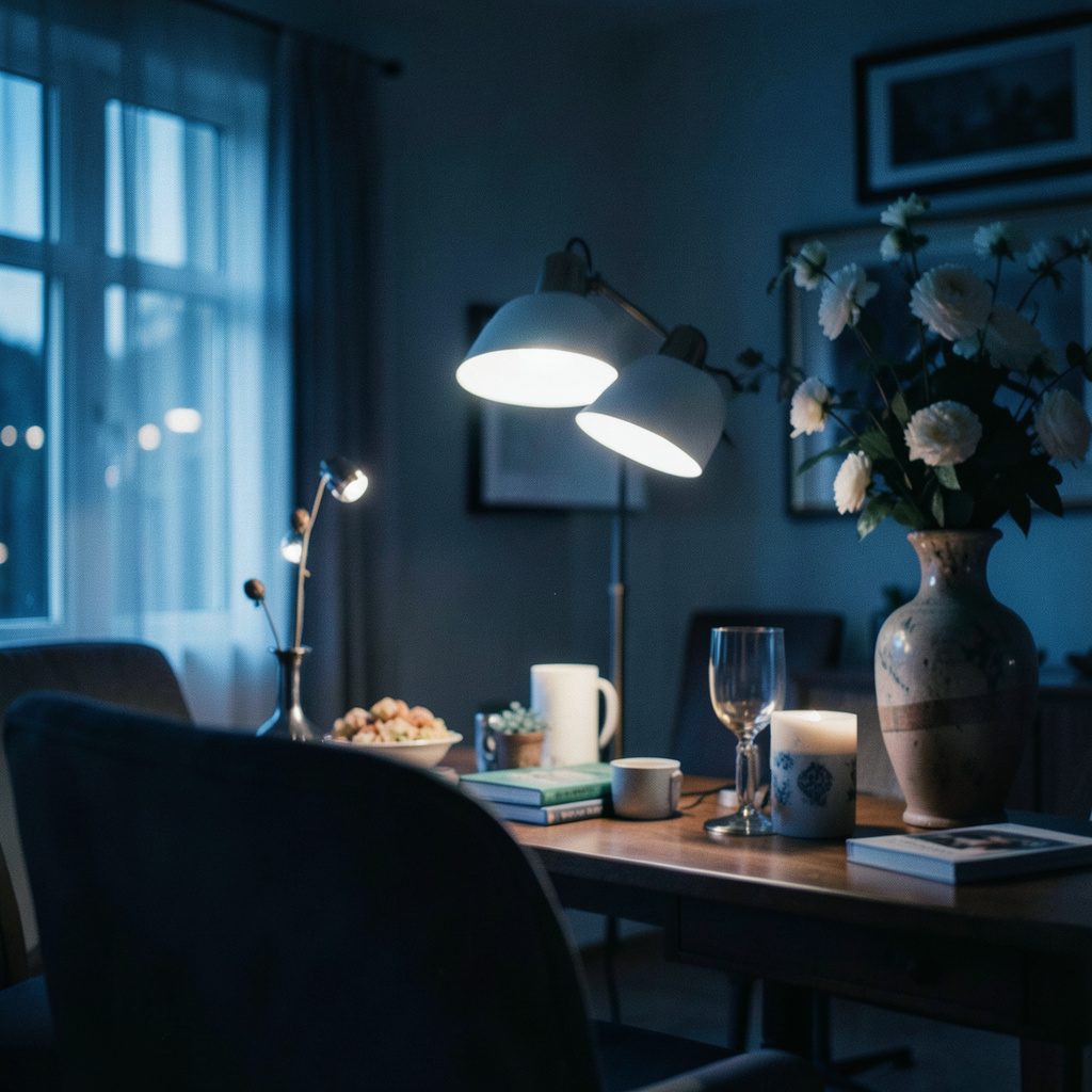 Un salon tamisé avec plusieurs lampes design diffusant une lumière chaude, créant une ambiance cosy et apaisante.