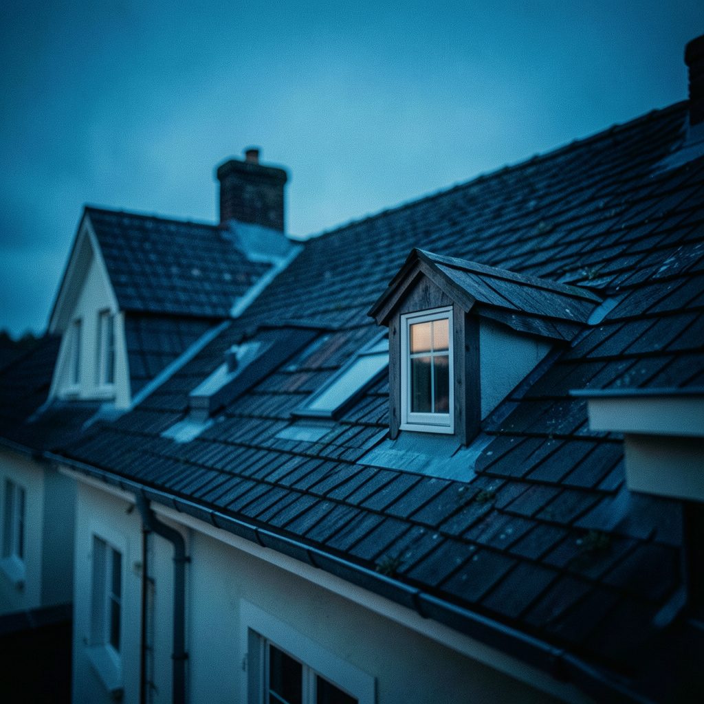 Vue rapprochée d'une toiture en ardoise gris foncé sous un ciel nuageux, avec des nuances de bleu-gris et des reflets humides sur les tuiles