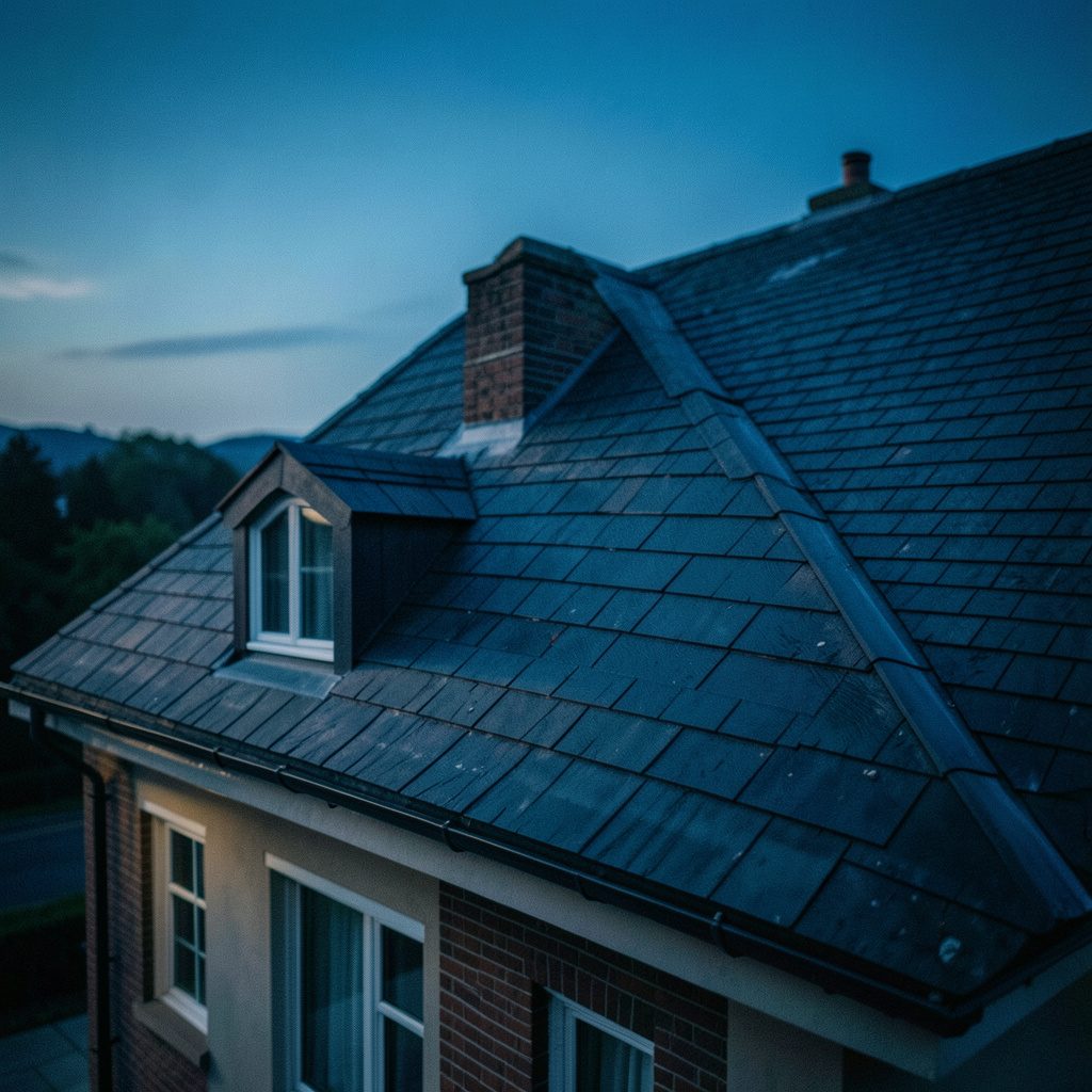 Toit en ardoise sous une lumière douce, nuances de gris et de bleu, ambiance calme et nette