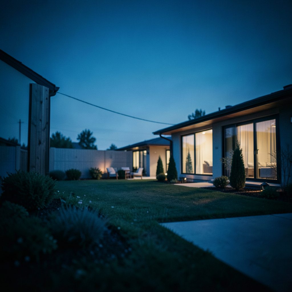 Façade d'un immeuble résidentiel moderne aux tons crème et gris, baigné d'une lumière douce de fin d'après-midi, avec un ciel légèrement voilé.