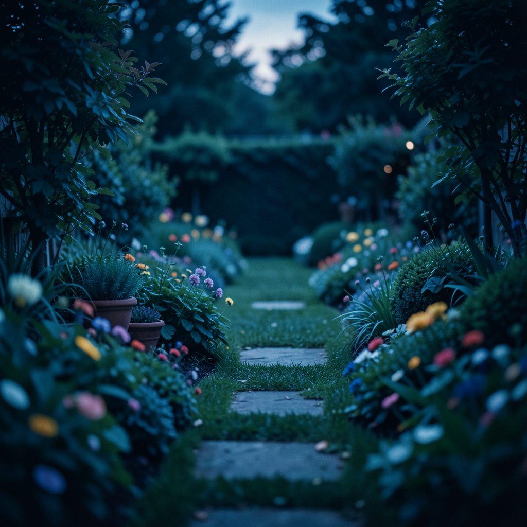 Un jardin paysager avec une allée en gravier bordée de lavandes et de rosiers, sous un soleil doux de fin de journée.