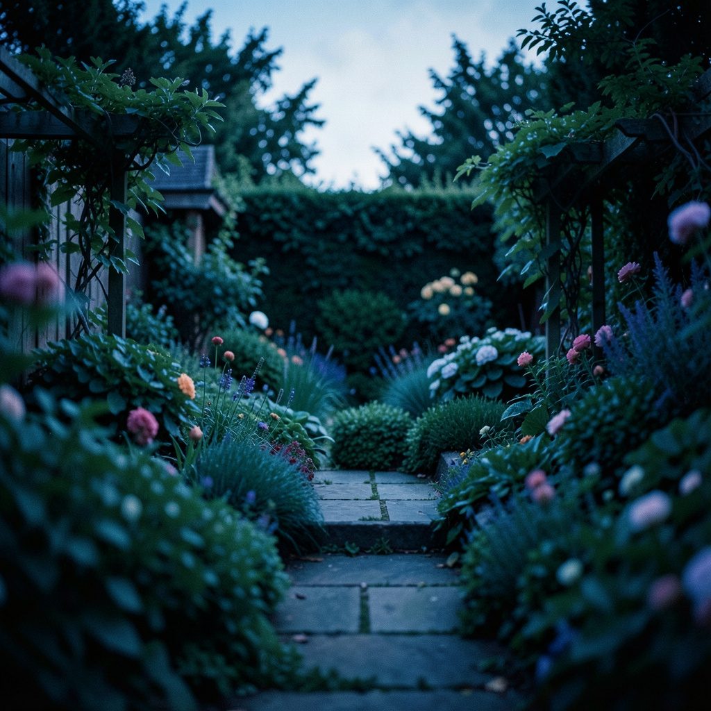 Jardin verdoyant avec allée sinueuse bordée de massifs fleuris aux tons pastel, lumière douce de fin d'après-midi filtrant à travers les feuillages