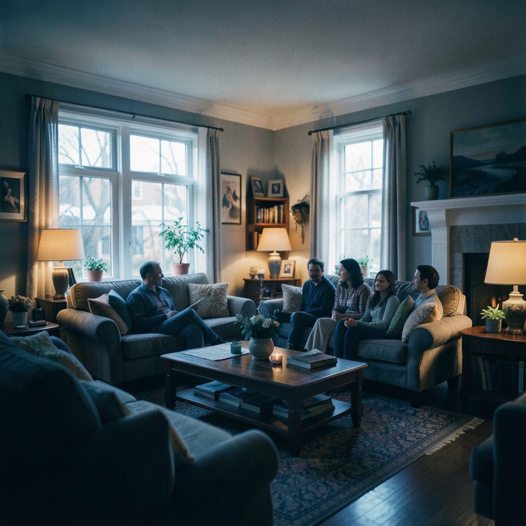 Un salon chaleureux avec un canapé en tissu beige, des coussins colorés, un tapis berbère et une cheminée en pierre.